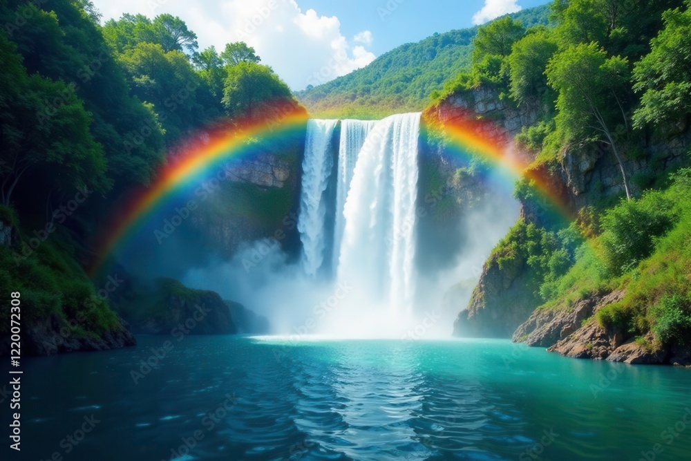 Fototapeta premium Rainbow arches over Banyue waterfall's surface, summer, water