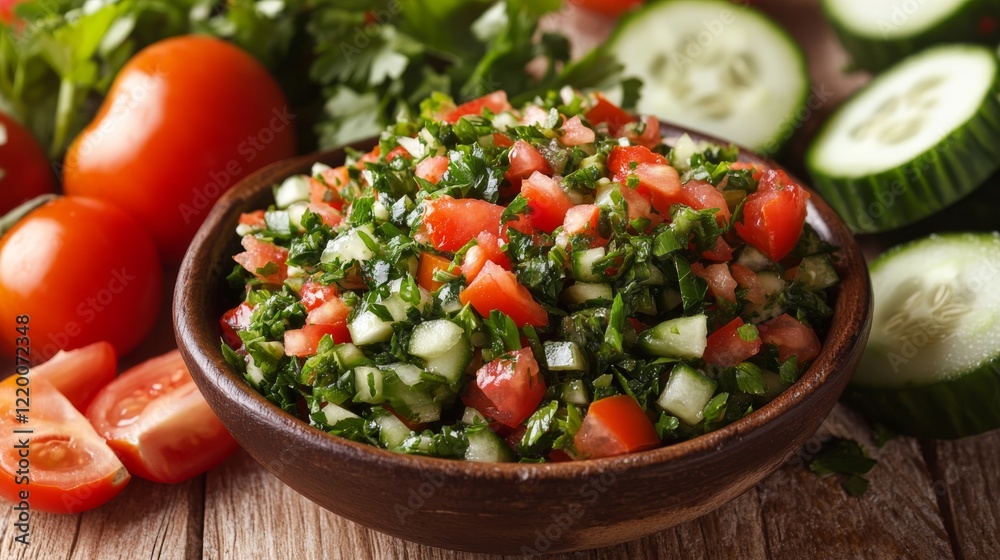 Traditional Lebanese tabbouleh with tomatoes and cucumbers. Featuring a fresh and vibrant dish. Highlighting the texture and flavors of the tabbouleh. Ideal for food and cultural themes. Traditional Lebanese tabbouleh with tomatoes and cucumbers. Featuring a fresh and vibrant dish. Highlighting the texture and flavors of the tabbouleh. Ideal for food and cultural themes.