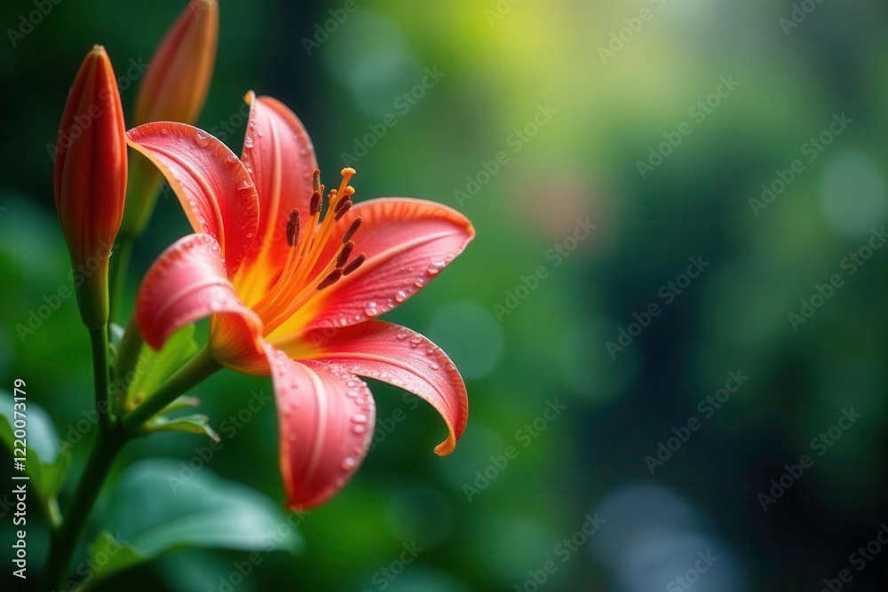 Rain-drenched lily blooms in lush garden environment, branch, garden