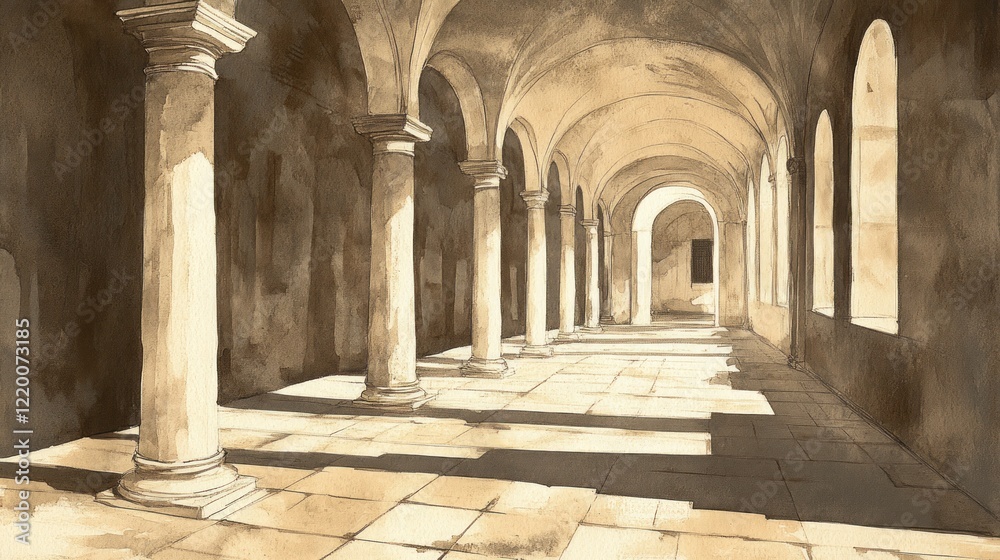 A serene corridor with arches and columns, illuminated by soft light and shadows. A serene corridor with arches and columns, illuminated by soft light and shadows.