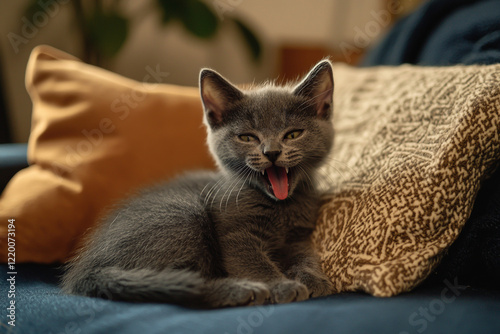 Gray Kitten Licking Its Lips on Sofa photo