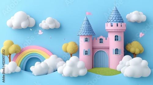 Dreamy Castle in the Clouds with Rainbow â€“ Isometric View of Magical Fairytale Structure in Peaceful Atmosphere