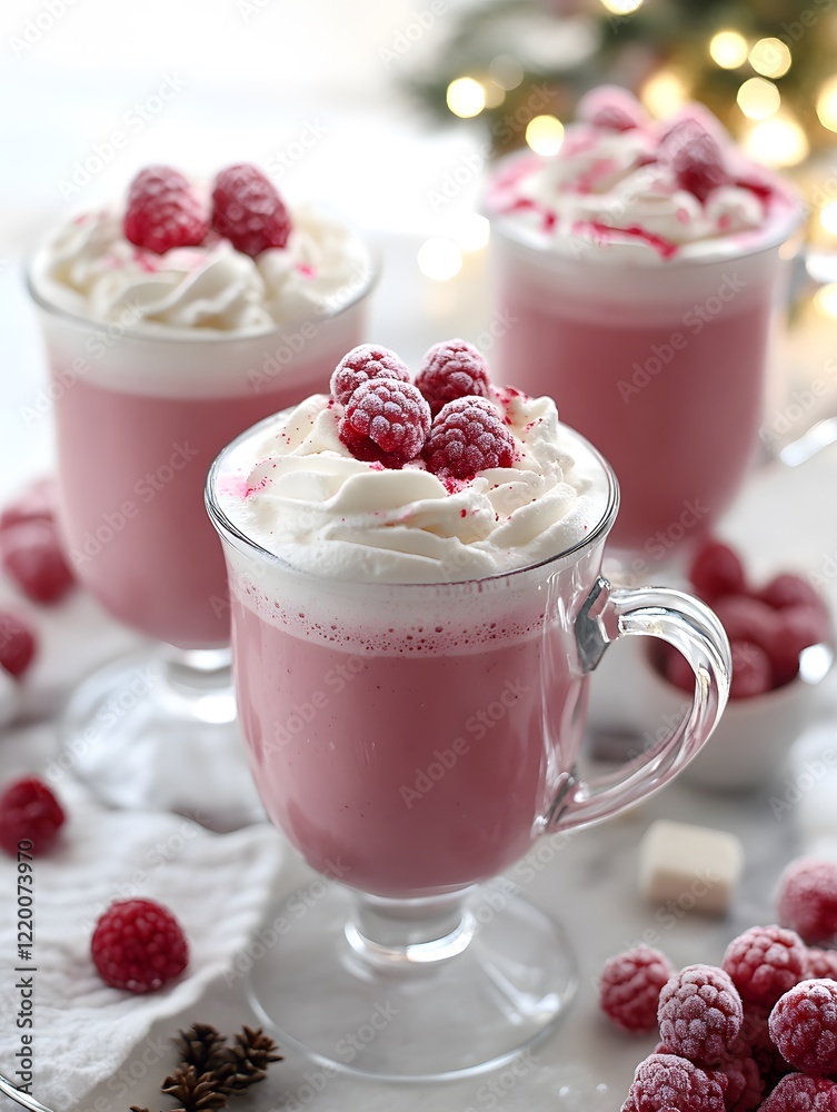 White chocolate latte topped with raspberries and marshmallows, Generative AI White chocolate latte topped with raspberries and marshmallows, Generative AI