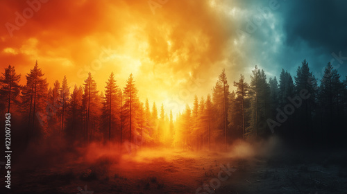 Fiery Sunset and Icy Dawn Over a Misty Forest