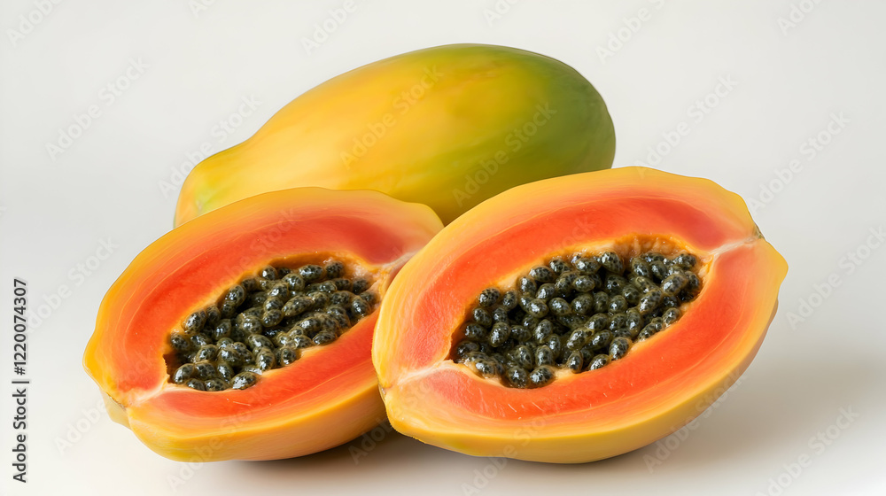 Ripe papayas cut open on white background, healthy tropical fruit