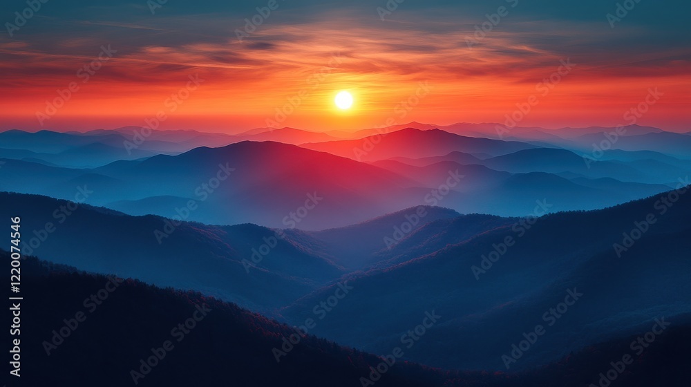 Fototapeta premium Serene Sunrise over Majestic Mountain Range - Minimalist Design with Vibrant Colors