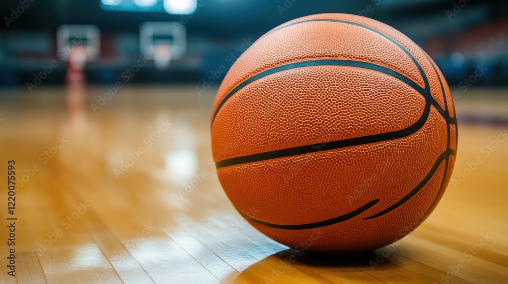 A close-up of a basketball on a polished wooden court, with blurred hoops in the background. A close-up of a basketball on a polished wooden court, with blurred hoops in the background.