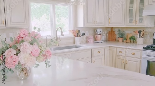 Bright Kitchen with Pink Flower Arrangement and White Cabinets