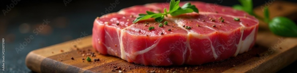 Raw pork steak on the bone with spices and marinades, meaty, meat, pork Raw pork steak on the bone with spices and marinades, meaty, meat, pork