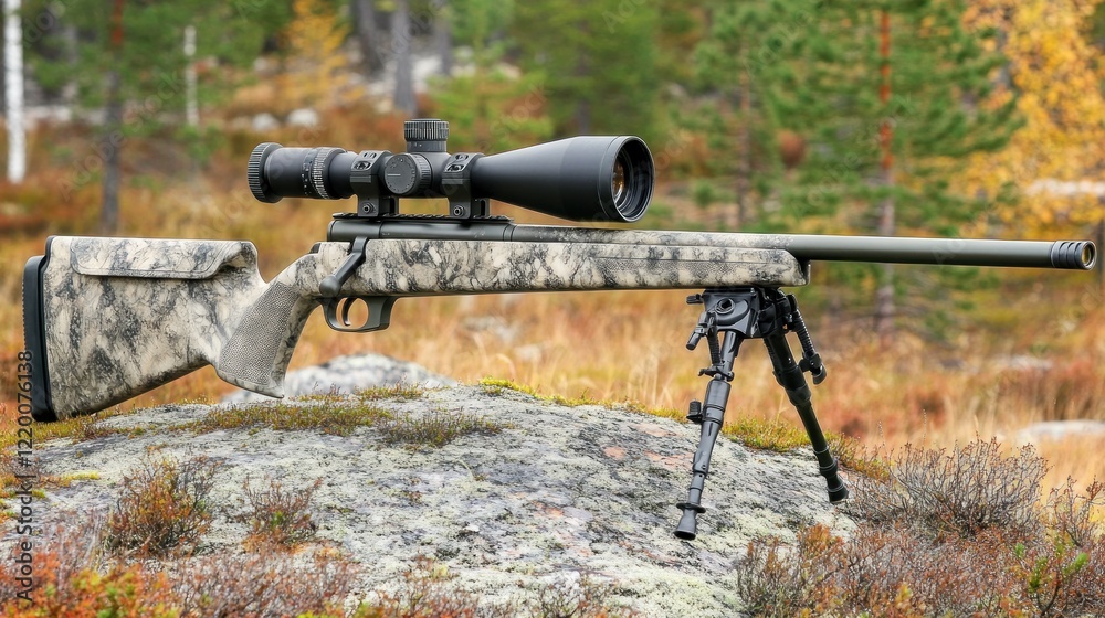 A camouflaged rifle with a scope and bipod resting on a rock in a natural setting. A camouflaged rifle with a scope and bipod resting on a rock in a natural setting.