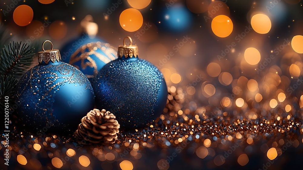 Fototapeta premium Holiday background with blue and gold baubles and glittering bokeh lights. Digital greeting cards, web banners, festive print designs, copy space, elegant and festive.