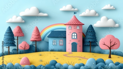 Enchanted Castle in Clouds with Rainbow - Isometric Fantasy Illustration with Vibrant Colors