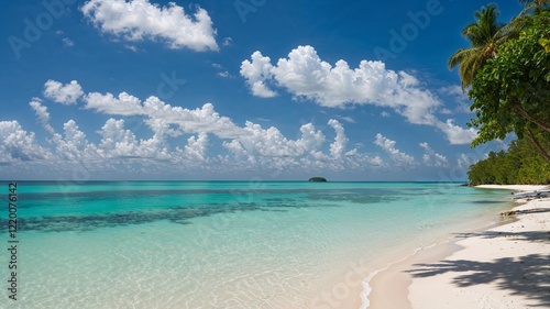 Tropical Sandy Beach with Island and Blue Horizon View