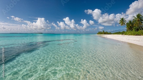 Tropical Sandy Beach with Island and Blue Horizon View