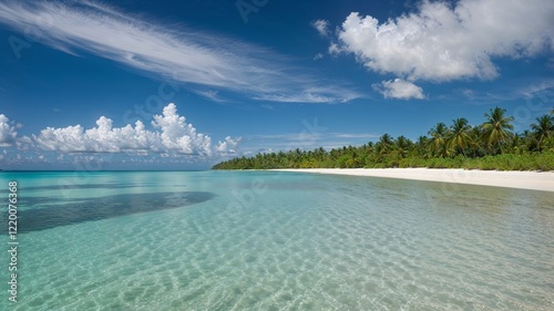 Tropical Sandy Beach with Island and Blue Horizon View
