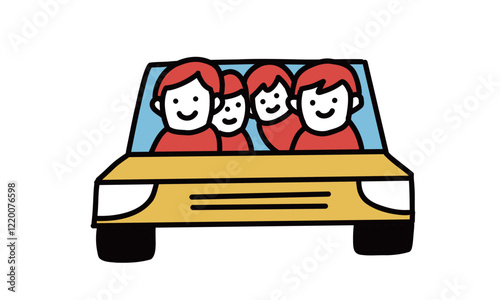 マイカー　車に乗っている4人家族のイラスト