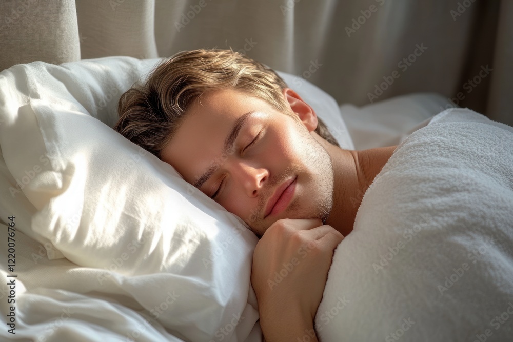 Middle-aged European man sleeping peacefully in bed with orange earplugs for quietness and comfort at home Middle-aged European man sleeping peacefully in bed with orange earplugs for quietness and comfort at home