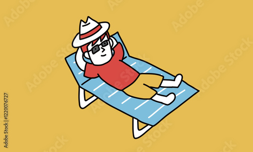 リゾート地でビーチベッドに横たわり日差しを楽しむ男性のイメージイラスト