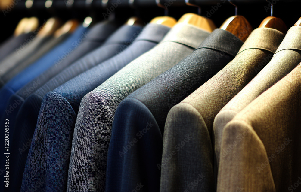 Obraz premium Stylish collection of tailored suits in various colors hanging on display. elegant fabrics showcase range of shades, perfect for formal occasions and professional settings