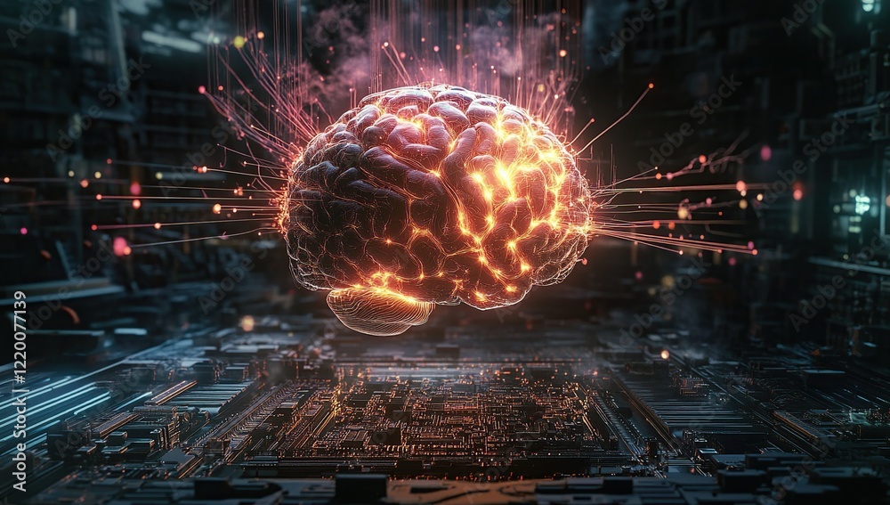 Human Brain Connects to Circuit Board: Exploring Neural Networks and Artificial Intelligence with Futuristic Technology Human Brain Connects to Circuit Board: Exploring Neural Networks and Artificial Intelligence with Futuristic Technology