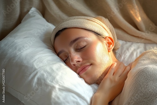 Middle-aged European man peacefully sleeping in a serene bedroom with orange earplugs for quietness and relaxation at night on a white pillow photo