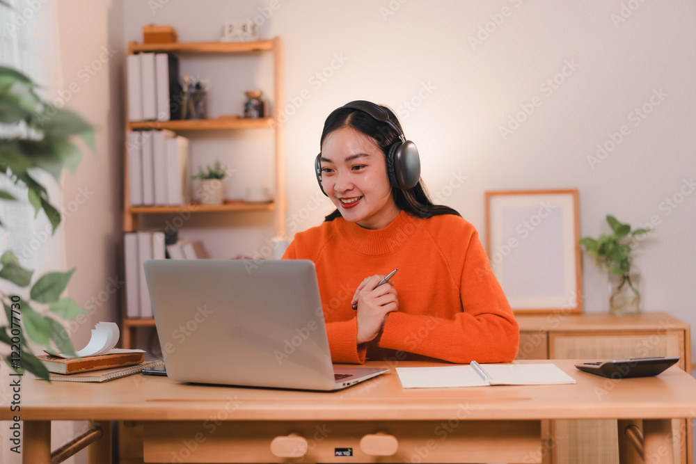 woman wearing headphones sits at wooden desk, smiling while engaging in online meeting on her laptop woman wearing headphones sits at wooden desk, smiling while engaging in online meeting on her laptop