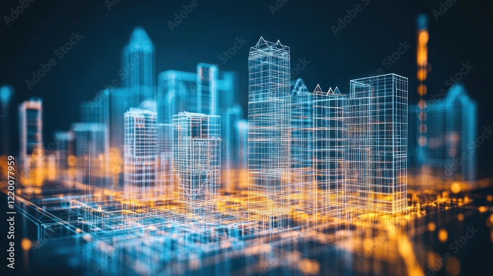 A digital wireframe cityscape with glowing elements representing urban technology. A digital wireframe cityscape with glowing elements representing urban technology.