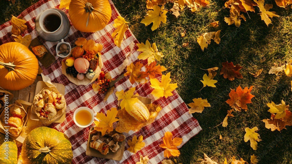 Naklejka premium Autumn Picnic Delight: A Feast Amongst Fall Leaves