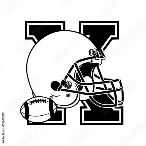 Football helmet and ball with letter X, Stylized black and white graphic featuring a football helmet and ball over the letter X, ideal for sports branding or logos.  
  
