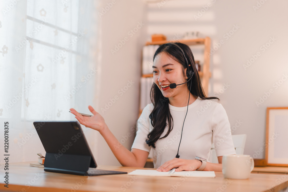 Woman wearing headset conducts online meeting at home, using tablet on wooden desk. Woman wearing headset conducts online meeting at home, using tablet on wooden desk.