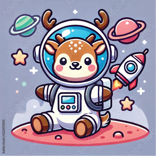 Cute Deer Astronaut Cartoon Vector Icon Illustration