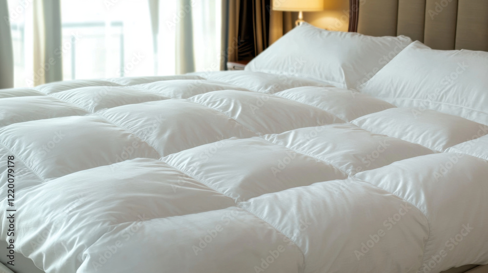 large, fluffy white comforter covers bed, creating cozy and inviting atmosphere in well lit room. soft texture and plush appearance enhance comfort of space large, fluffy white comforter covers bed, creating cozy and inviting atmosphere in well lit room. soft texture and plush appearance enhance comfort of space