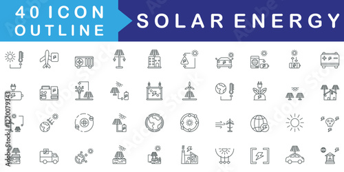 Solar Energy icon set collection. Consist of Solar Thermal, Electric Cell, Heat Pump, Solar Light, Sun, Geothermal, Solar Cell, Biomass energy. Simple vector outline illustration.