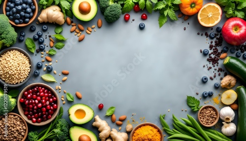 Wallpaper Mural A vibrant mix of healthy foods on a gray surface, featuring colorful fruits, vegetables, grains, seeds, and nuts like blueberries, avocados, broccoli, lentils, and more, symbolizing balanced nutrition Torontodigital.ca
