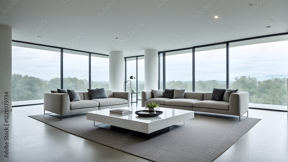 Modern living room interior with two light beige sofas, a large white coffee table, and floor-to-ceiling windows showcasing a scenic view.