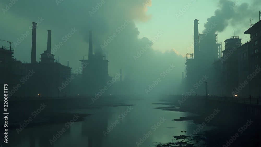 Naklejka premium Factories and skyscrapers loom through the smog at dawn, highlighting industrial pollution and urban decay along a river.