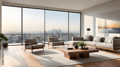 Modern living room interior with light grey sofa and armchairs, wooden coffee table, and stunning city skyline view from large windows.