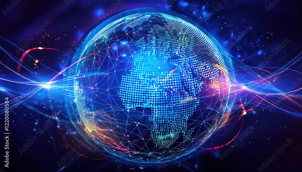 Digital globe with glowing network nodes and swirling data streams Digital globe with glowing network nodes and swirling data streams