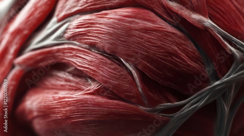 Close-up detailed view of human muscle fibers, tendons, and connective tissues.