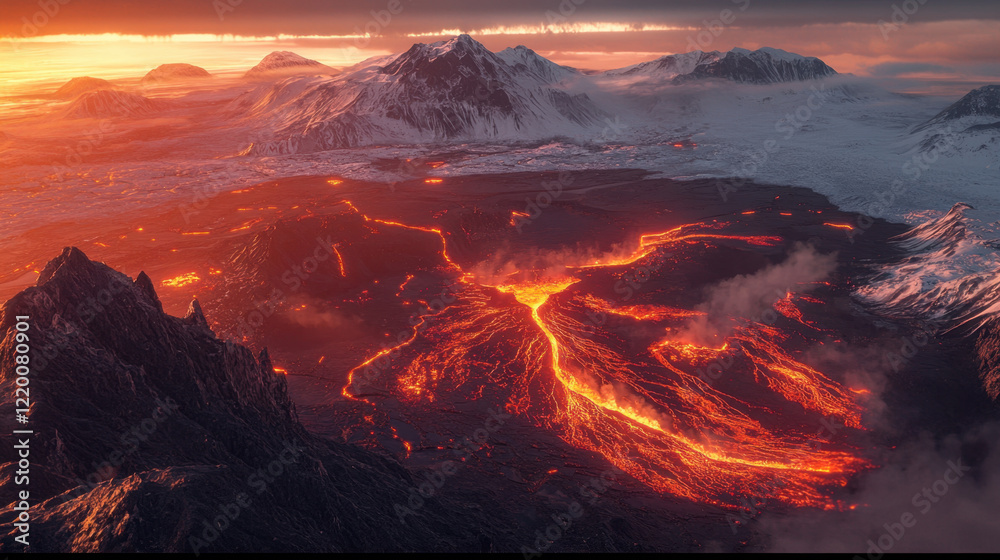 Fototapeta premium breathtaking view of volcanic landscape with flowing lava, surrounded by mountains and glaciers. vibrant colors of lava contrast beautifully with icy terrain, creating dramatic scene