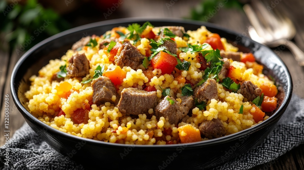 Traditional Moroccan couscous with lamb and vegetables. Featuring a flavorful and aromatic dish. Highlighting the texture and flavors of the couscous. Ideal for food and cultural themes. Traditional Moroccan couscous with lamb and vegetables. Featuring a flavorful and aromatic dish. Highlighting the texture and flavors of the couscous. Ideal for food and cultural themes.