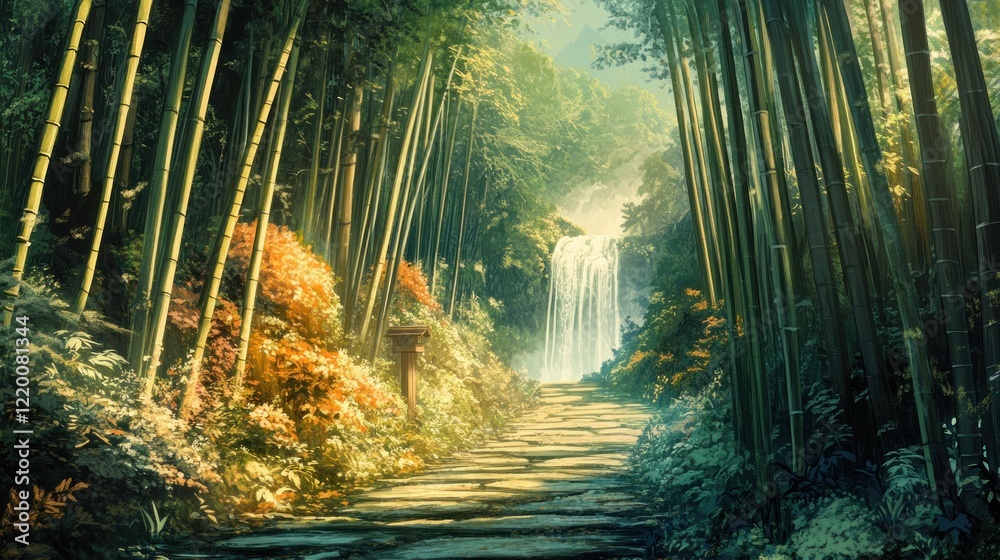 Naklejka premium Serene Bamboo Forest Path Leading to Waterfall