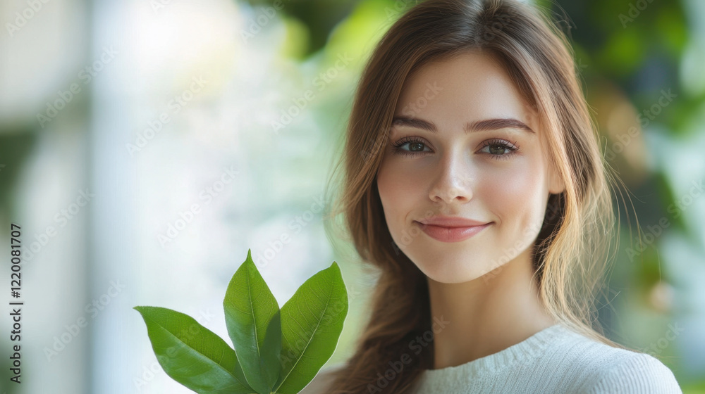 woman holding green leaves, smiling in natural setting, exuding positivity and connection to nature woman holding green leaves, smiling in natural setting, exuding positivity and connection to nature