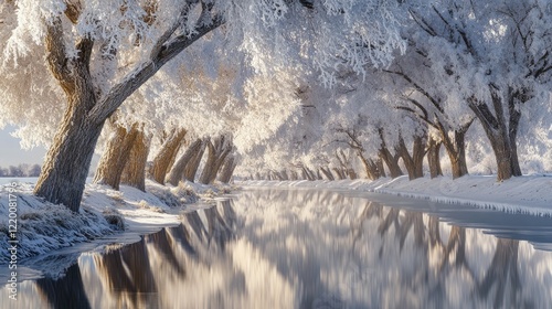 A peaceful riverbank lined with white trees heavy with snow. Their reflections on the water's surface create an immaculate, wintery mirror, showcasing nature's pure beauty.