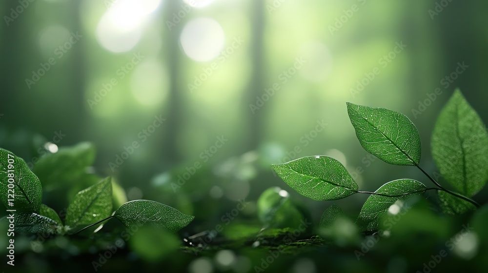 Lush Green Leaves with Dew Drops on a Forest Floor, Capturing the Serenity and Beauty of Nature in a Bright and Vibrant Atmosphere Lush Green Leaves with Dew Drops on a Forest Floor, Capturing the Serenity and Beauty of Nature in a Bright and Vibrant Atmosphere