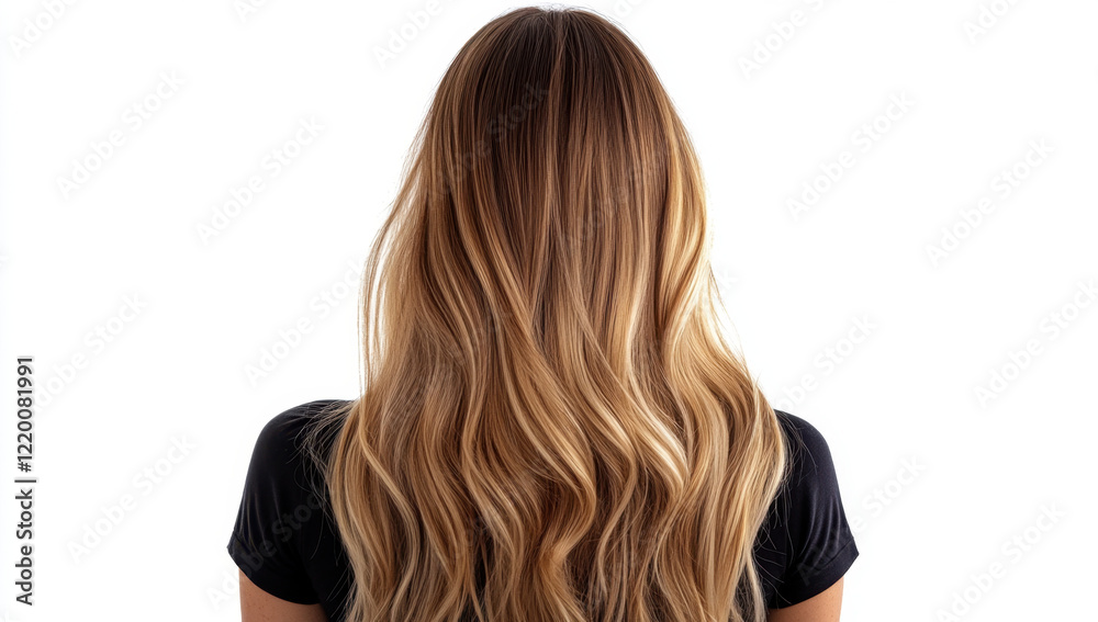 Fototapeta premium Long blonde hair with ombre effect, flowing elegantly from back. soft waves create beautiful texture, highlighting blend of darker and lighter shades
