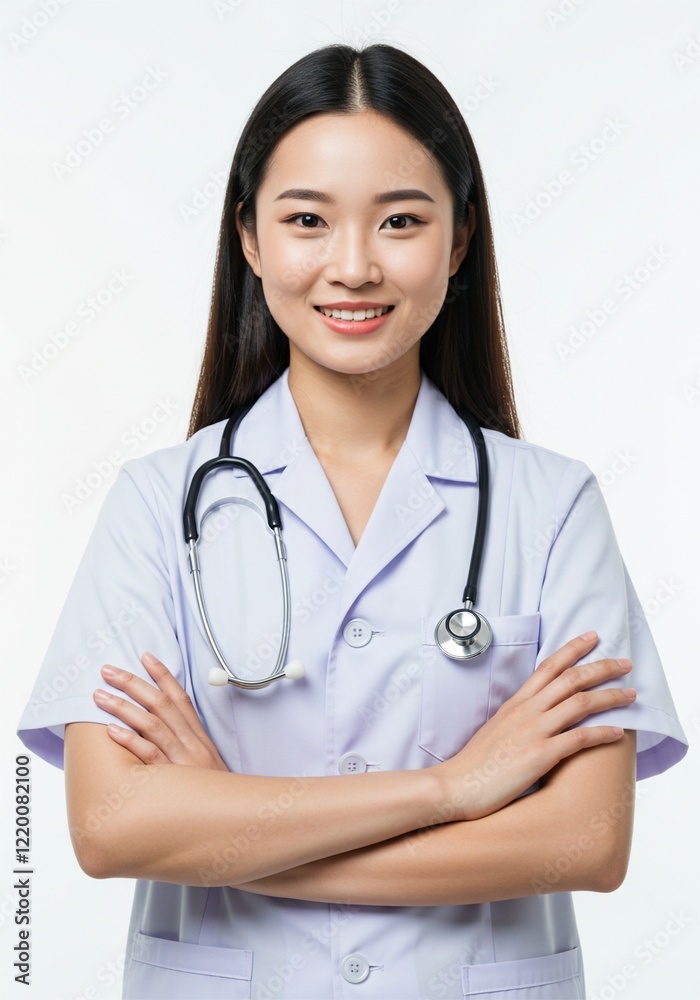 Photo of young asian woman folding hands . a confident doctor with a happy face. plain white background . Ai generative Photo of young asian woman folding hands . a confident doctor with a happy face. plain white background . Ai generative