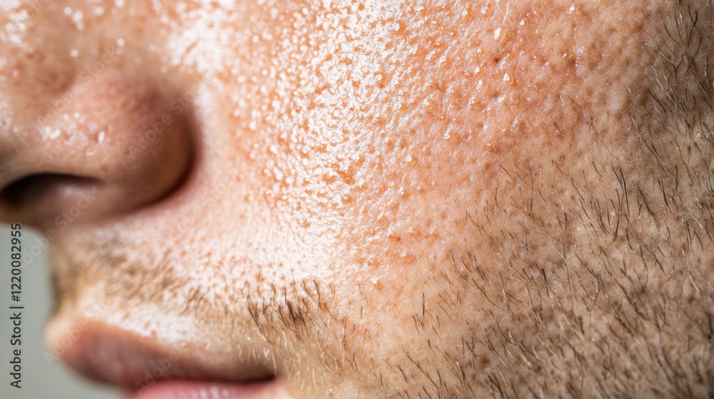 Obraz premium Close up of human skin showing texture, pores, and facial hair, highlighting natural features and skin condition. image captures details of skin health and appearance