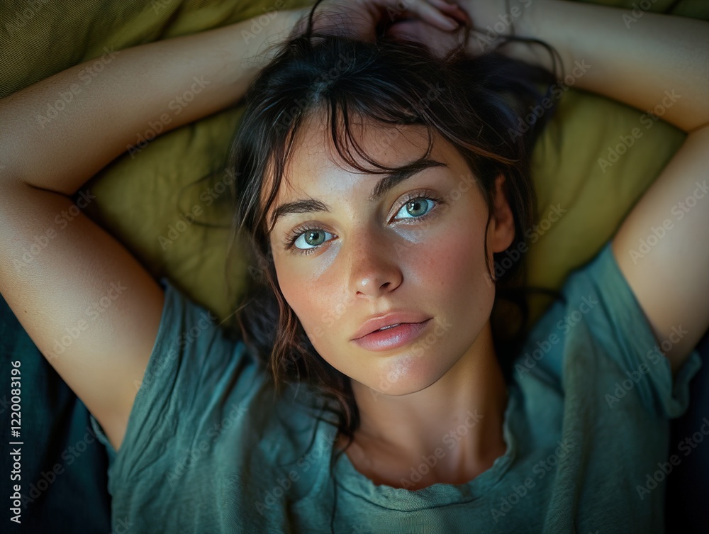 Fototapeta premium Woman relaxing on bed, arms overhead, bedroom, thoughtful expression