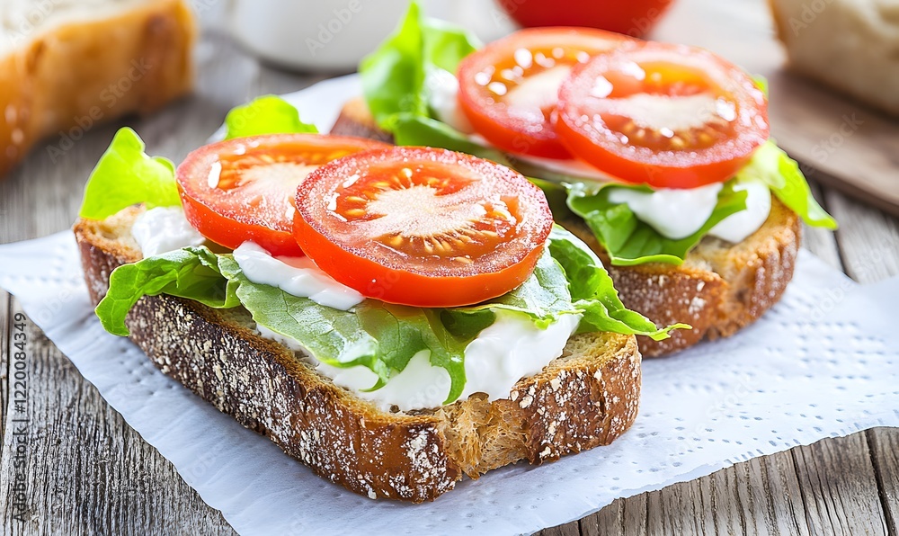 open-faced sandwich with sliced tomatoes and lettuce on top of it, Generative AI open-faced sandwich with sliced tomatoes and lettuce on top of it, Generative AI